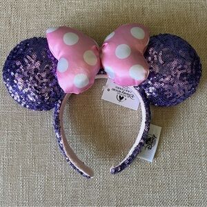 NWT NEW Disney Purple Sequin Ears with Pink Polka Dot Bow